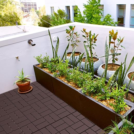 Goovilla Plastic Interlocking Deck Tiles, 27 Pack Outdoor Patio Flooring, 12"x12" Interlocking Decking Tile Outdoor All Weather Use, Waterproof Patio Pavers for Pool Balcony Backyard Porch, Dark Brown