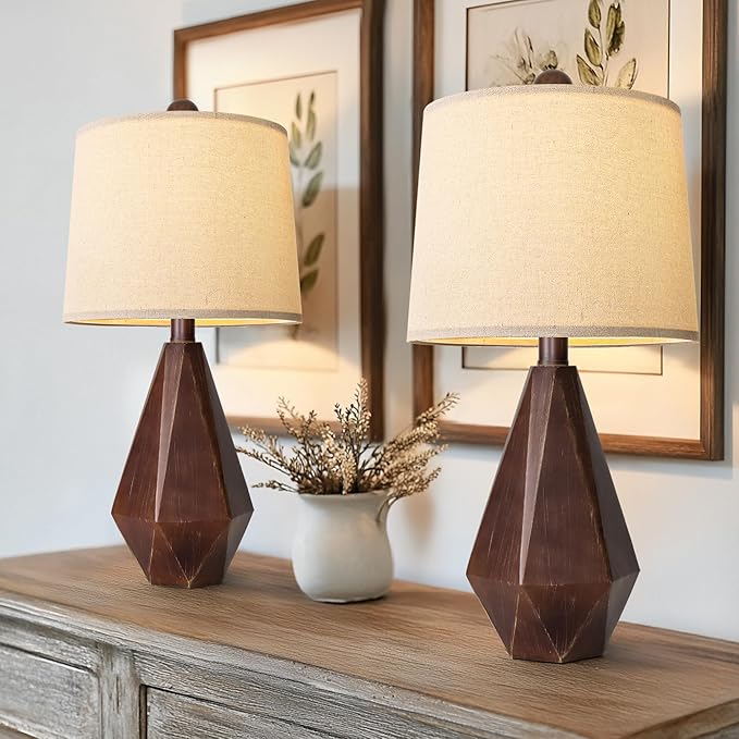PoKat 20.25" Farmhouse Table Lamps Set of 2 for Night Stands, Vintage Bedside Lamps for Bedroom Living Room, Modern Bedroom Lamps for End Table, Suitable for Small Place, Antique Brown