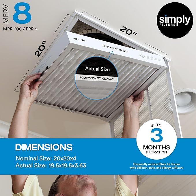 Simply 20x20x4 Air Filter, MERV 8, MPR 600, 1 Pack, Furnace Air Filter for HVAC (Actual Size:19.5"x19.5"x3.63") DUST, Pet, & Allergy Control