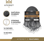 ATERET Rubber Bungee Cords with Hooks I 9 Inch, 14" Max Stretch I Heavy-Duty Black Tie Down Straps for Outdoor, Tarp Covers, Canvas Canopies, Motorcycle, and Cargo, Pack of 25