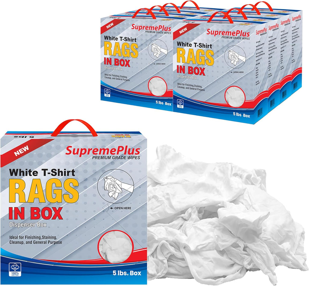 Premium White T-Shirt Cleaning Rags (5 lbs. Compressed Box - Pack of 8) – White Cotton Cloths for Cleaning, Staining, Painting, Oil, Grease & Dust Removal