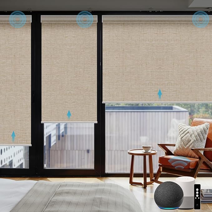 SmartWings Motorized Smart Blinds with Remote, Custom Automatic 100% Blackout Roller Shade Compatible with Alexa/Homekit/Google, Electric Smart Blinds for Indoor Windows, Linen Caramel