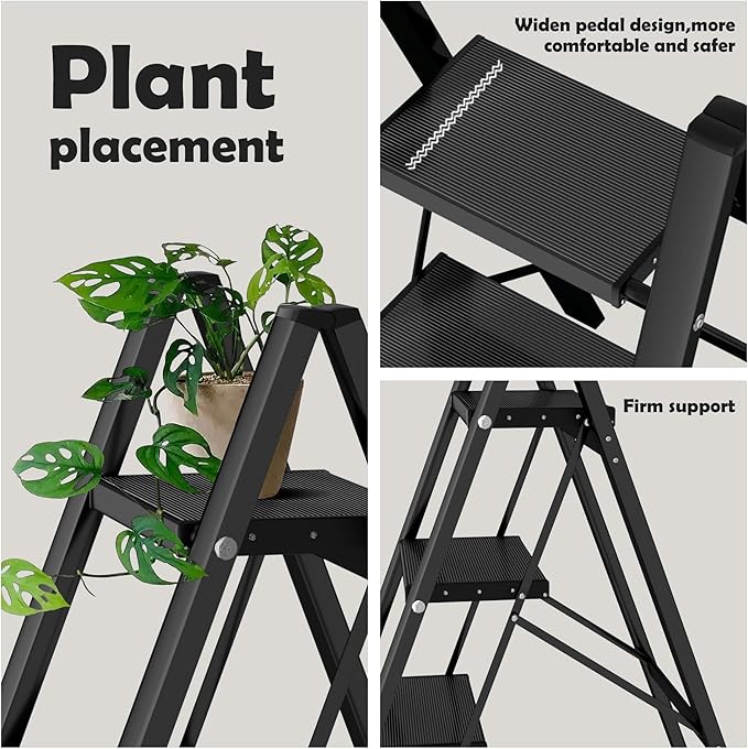 Taranta 3 Step Ladder,Aluminum Lightweight Folding 3 Step Stool with Anti-Slip Wide Pedal,330lbs Capacity Step Ladder for Household,Kitchen,Office - Black