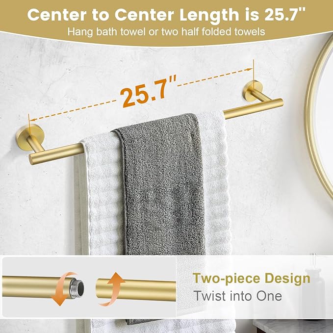 YACVCL Brushed Gold 4-Piece Bathroom Hardware Set,Bathroom Towel Bar Set,SUS304 Stainless Steel Bathroom Accessories Set Wall Mounted Towel Holder Set,27.5 Inch