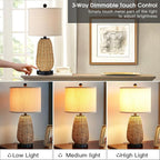 Touch Control Rattan Table Lamps, 3 Way Dimmable Bedside Lamps for Bedroom with 2 USB Ports and AC Outlet, Grass Rope Nightstand Lamps for Living Room Office (LED Bulbs Included)