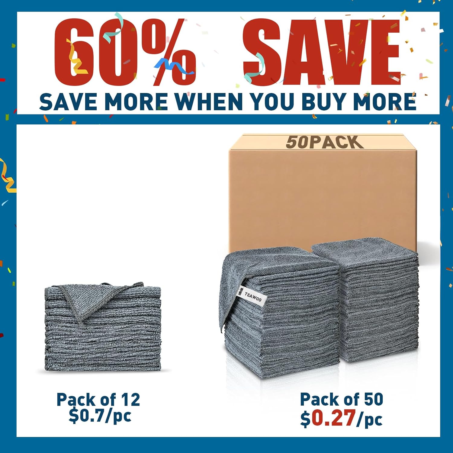 Microfiber Cleaning Cloths Bulk Pack-50 Pack, Microfiber Towels Bulk, Towels for Cars, Cleaning Rags Gray (12x12 inches)