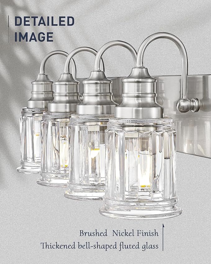 Brushed Nickel Bathroom Light, HWH 4-Light Vanity Lights for Bathroom Vanity Sconce Over Mirror, Wall Mounted Light Fixtures with Bell-Shaped Striped Glass, 5HZG106B-4W BN
