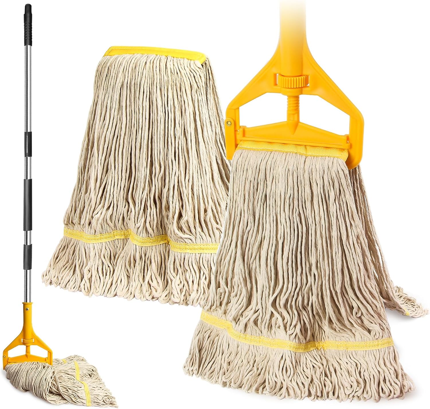 2 Pack 20oz Loop-End String Wet Mop Refills,Heavy Duty Cotton Commerical Industrial Grade Mop Replacements Heads for Home,Workshop,Garage Floors Cleaning,with 63'' Stainless Steel Mop Handle