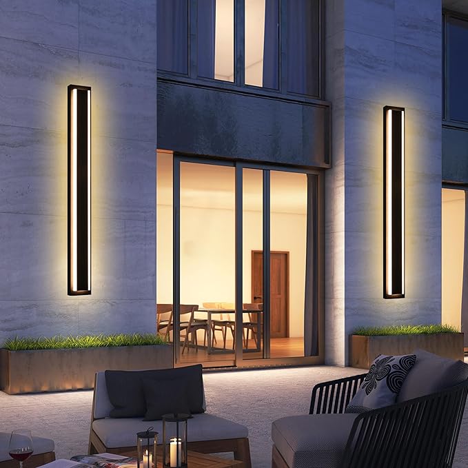 MELUCEE 2 Pack 48 Inch Outside Wall Lights for House 5 Color Dimmable Modern Long Strip LED Outdoor Wall Lights Fixture Black Linear Exterior Sconce Wall Mount Lighting for Balcony Porch Garage Stair