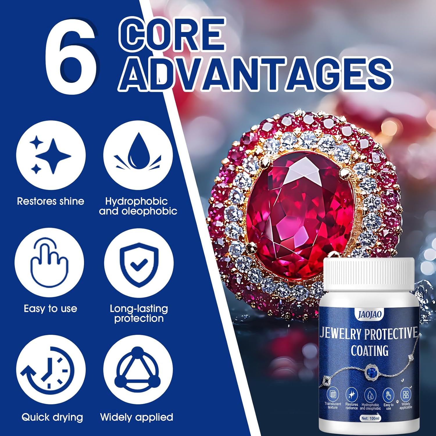 JAOJAO Jewelry Protective Coating, Jewelry Sealant with Brush and Cloth Transparent Texture Prevents Fading and Scratching for Gold Silver Platinum Gold Plating 100ml