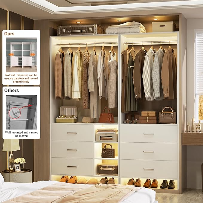 Aheaplus Closet System with 6 Drawers, 4.5ft Wood Closet Organizer System, Walk-in Closet or Small Closets Wardrobe, Clothes Rack with Hanging Rods, Set of 2, White