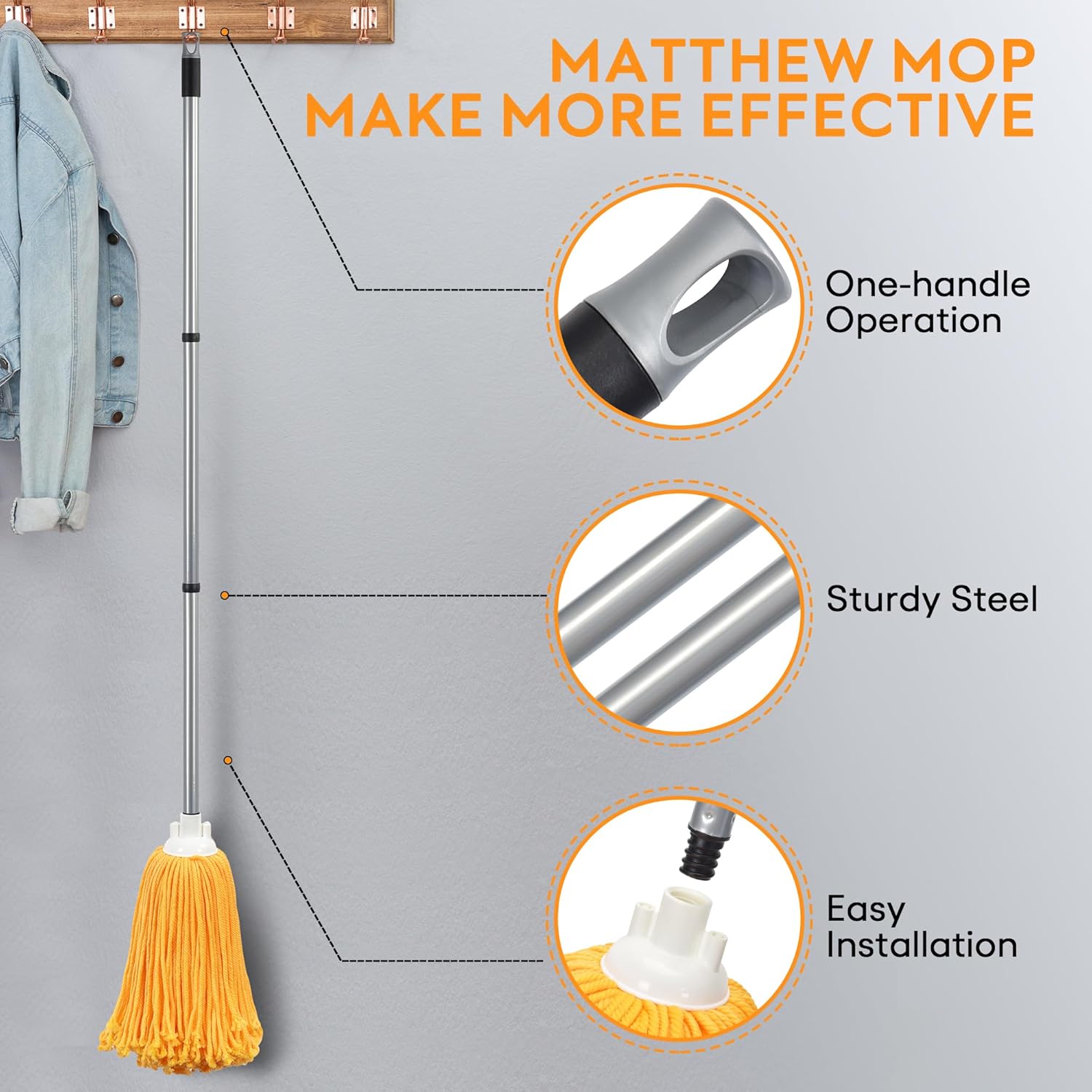 Matthew Microfiber Mop Replacement Compatible with Microfiber Cloth Mop Refill,Stainless Steel Spin Mop Replacement 54" Handle with Wet Mop for Floor Cleaning (2 Mop Heads w/1 Handle)-Orange
