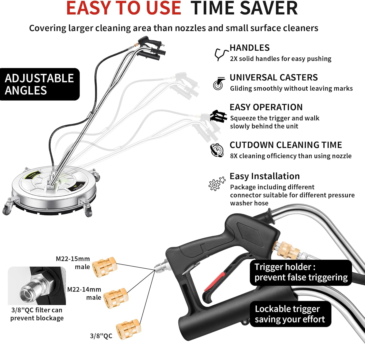 30" Pressure Washer Surface Cleaner Ultra with 7 Nozzles Water Broom, Stainless Steel Surface Cleaner for Pressure Washer, Dual Handle Power Washer Surface Cleaner for Concrete Driveway, 5000 PSI