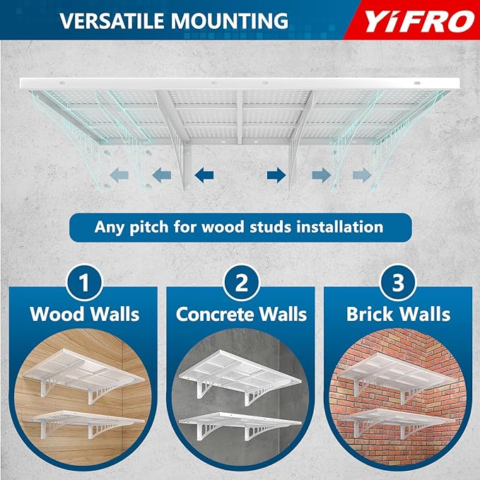 2-Pack 2x3ft Heavy Duty Garag e Wall Shelving, 500 lbs Load Capacity, Garage Shelving Wall Mounted, Garage Storage Rack with Hooks, White