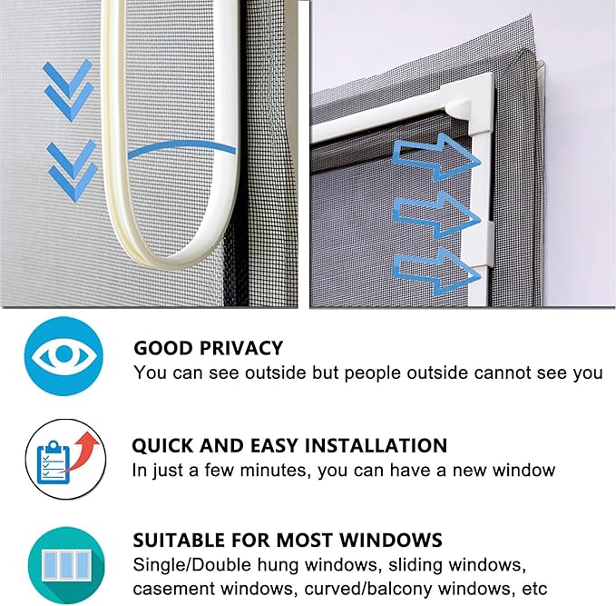 DIY Magnetic Window Screen Replacement Adjustable Mesh Screen 55"H*36"W with Magnets Fits Any Size White Frames with Grey Fiberglass Screen