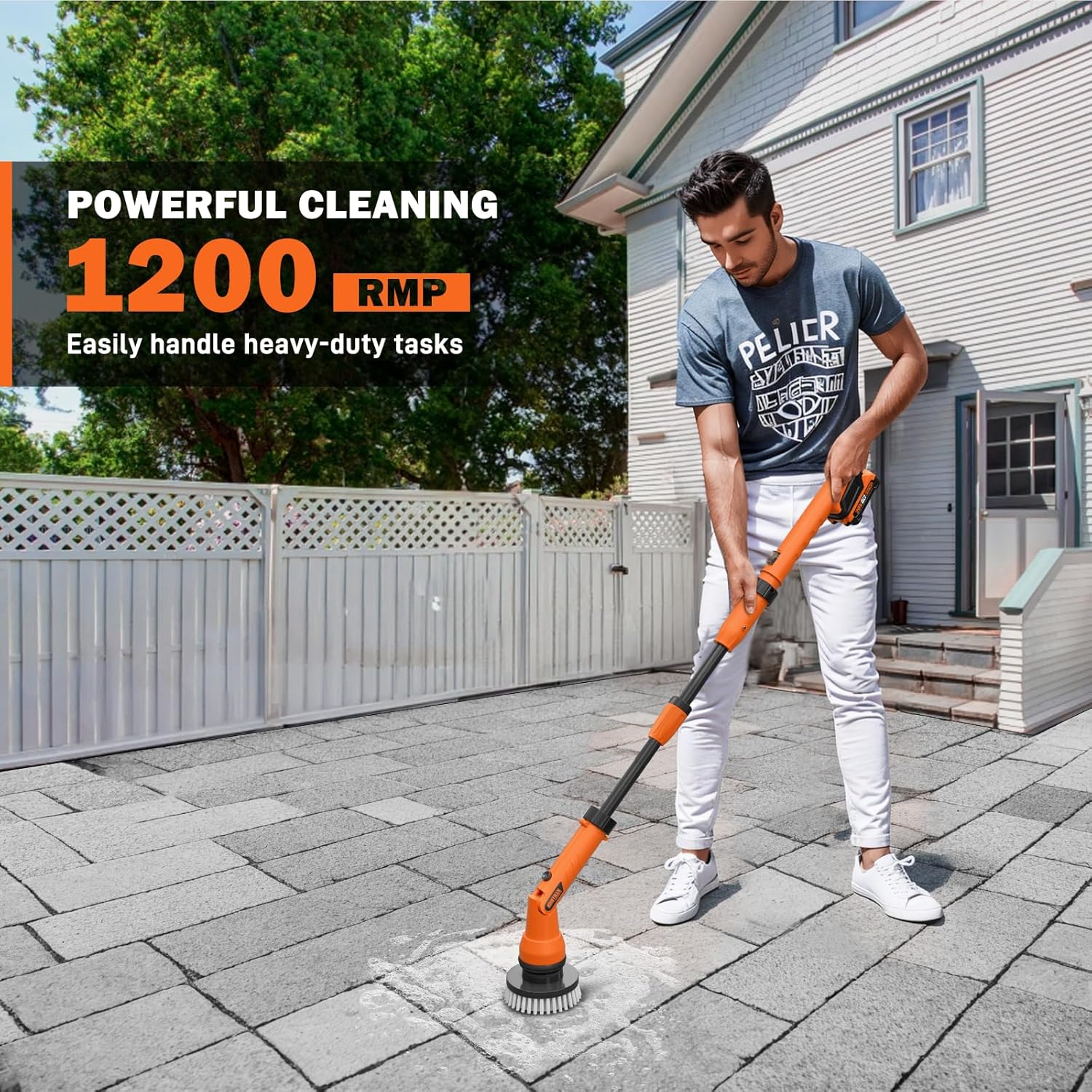 20V Electric Scrubber for Cleaning Floors, Walls - 2 Replaceable Battery Design for Outdoor Garden and Patio Cleaning Stubborn Stains, Telescopic Handle,8 Replaceable Brush Heads