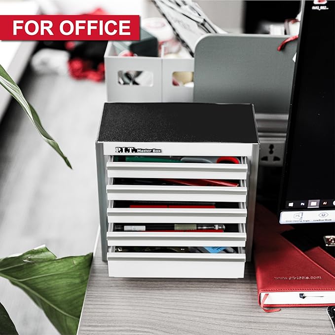 P.I.T. Mini White Tool Box, Portable 5-Drawer Micro Roll Cab Steel Stackable Tool Box with Liner, White Small Tool Case for Tools Storage and Organizers, Home DIY