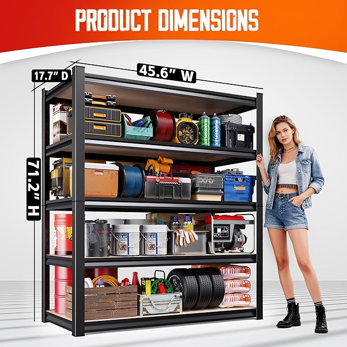 Garage Shelving-2050 lbs 5 Tier Storage Shelves,Adjustable Heavy Duty Metal Shelving Unit and Storage Large Rack,Utility Steel Shelf for Warehouse Industrial Pantry Basement Organizers 71"x46"x18"