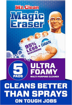 Mr. Clean Magic Eraser Foaming Sponge, All Purpose Cleaner, Dawn Cleaning Power, Wall Cleaner, Sneaker Cleaner, Oven Cleaner, Kitchen, Bathroom, Shower Cleaning Supplies, Scrubber, Ultra Foamy, 5ct