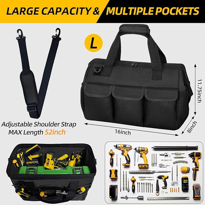Tool Bag, Portable Tool Box Organizer Adjustable Shoulder Strap, Carry Tool Tote Heavy Duty Tool Storage Bag With Wide Mouth Double Zipper,Tool Bags for Men Mechanic Engineer Gift - L, Black
