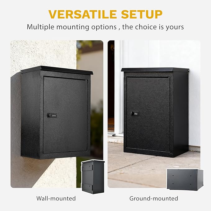 DWVO Wall-Mount Mailbox with Password Lock & Secure Lid, Parcel Drop Box, Anti-Theft Lockable Storage Box for Home, Office & School, Wall-Mounted or Floor-Mounted, Black, 9 gallons