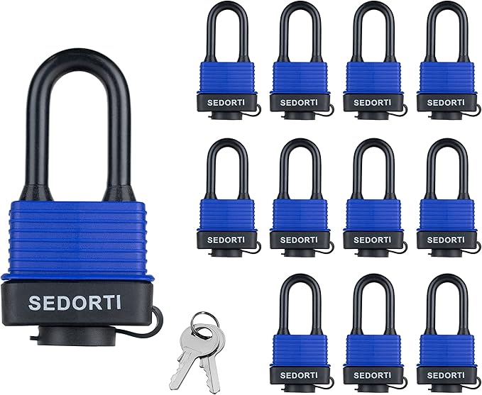 Colored Waterproof Padlocks, Heavy Duty Laminated Steel Lock with Blue Plastic Covered, Keyed Alike Outdoor Locks, Can Be Used as Lockout Tagout Lock, Long Padlocks, Pack of 12