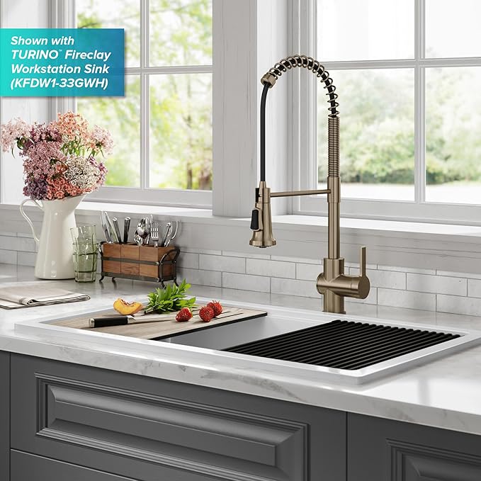 KRAUS Britt Touchless Sensor Commercial Single Handle Pull Down Kitchen Faucet in Spot Free Antique Champagne Bronze, KSF-1691SFACB