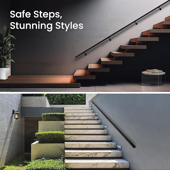 Meranti Aluminum Handrail for Indoor or Outdoor Steps and Stairs – Hand Rails for Elderly – DIY Complete Stair Railing Kit (AHR, Black Textured, 4' Length)