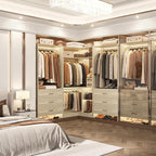 Aheaplus Closet System with 6 Drawers, 4 Hanging Rods & Corner Tower, Corner Closet System with Hanging,80.9" L-Shaped Walk-In Wardrobe Organizer, 2000+ lbs Capacity, Set of 3, White Oak