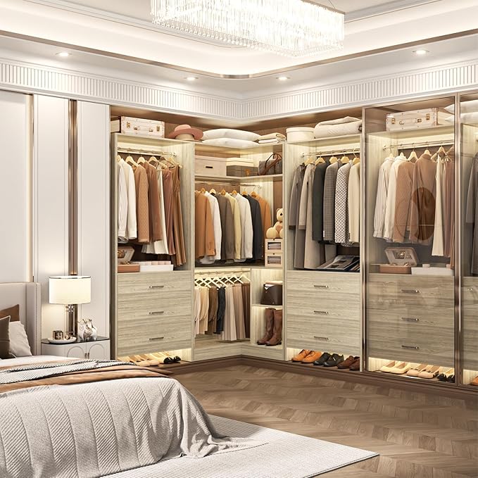 Aheaplus Closet System with 6 Drawers, 4 Hanging Rods & Corner Tower, Corner Closet System with Hanging,80.9" L-Shaped Walk-In Wardrobe Organizer, 2000+ lbs Capacity, Set of 3, White Oak