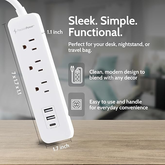 Precision Power Flat Plug Surge Protector Extension with 3 feet Cord – Compact Heavy Duty Power Strip & Flat Plug with 3 AC Outlets, 3 USB Ports for Home and Office