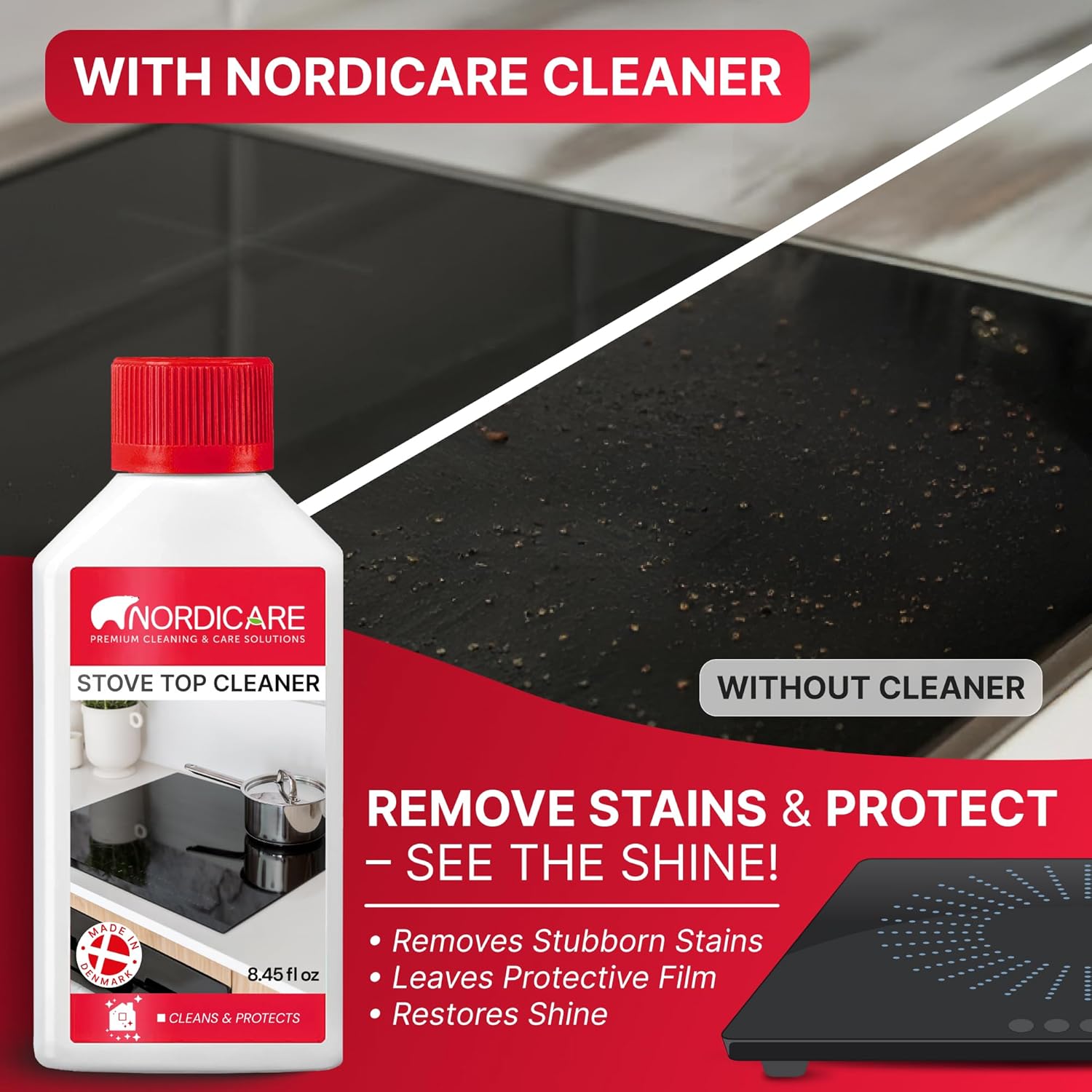 Nordicare Stove Top Cleaner Glass Ceramic - Induction Cooktop Cleaner Polish And Protector For Everyday Use - No Scrubbing Pad Needed - Leaves Protective Film - Made In Denmark (8.45oz)