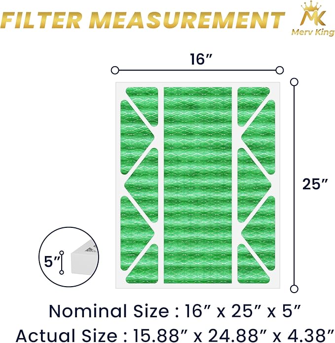 MervKing 16x25x5 Air Filter Actual Size: 15.88" x 24.88" x 4.38" MERV 13 MPR 1500-1900 | MADE IN USA | 4-Pack | Pleated HVAC AC Furnace Replacement