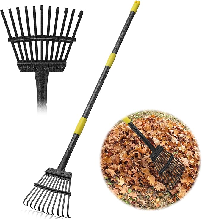 60" Leaf Rake- 11 Metal Tines 8.5" Wide- Small Leaves Rakes for Gardening- Adjustable Metal Leaf Rake for Picking Leaves,Grass Clippings Garbage