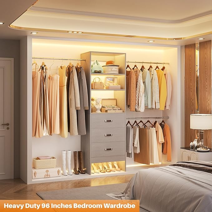 Homieasy 96 Inches Closet Organizer System, 8FT Customizable Walk In Closet Organizer with Hanging Rods, 3 Drawers Garment Rack with Leather Handle , 96" L x 16" W x 75" H, Max Load 1000 LBS, Grey