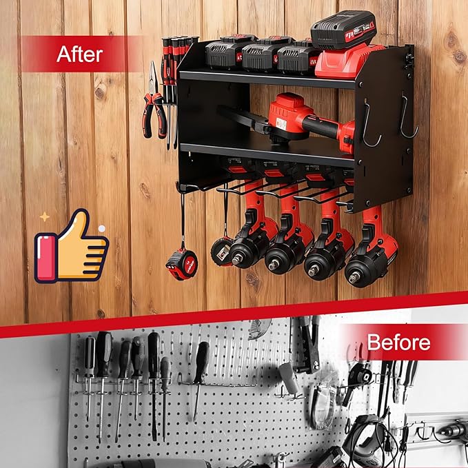 3 layers power tool organizer Loads 150lbs with 4 Cordless Drill Holder and 8 Outlet Power Strip,it’s good choice for husband birthday gift,black