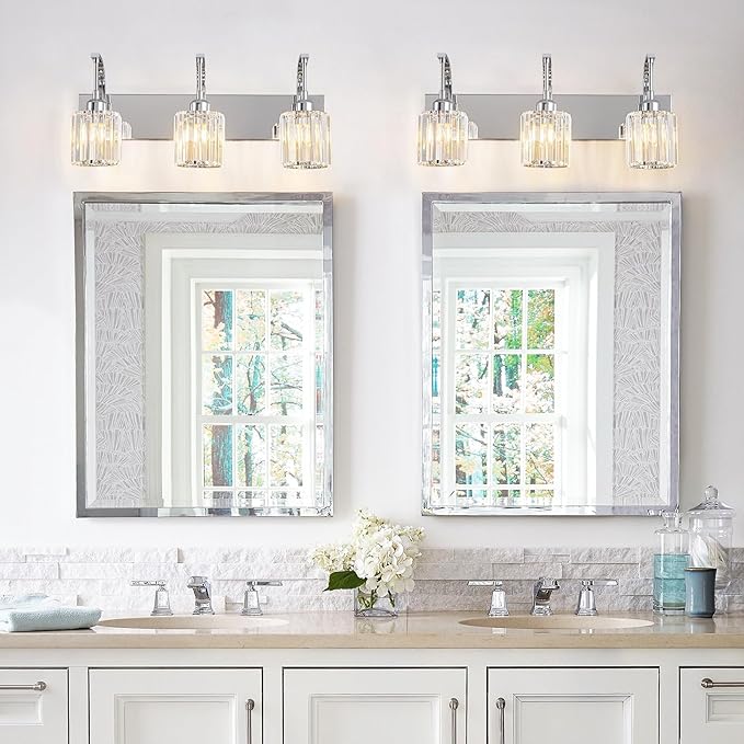 3-Light Crystal Vanity Light, Modern Chrome Bathroom Wall Sconce with K9 Crystal Shades, 23.62" Long Over Mirror Lighting for Vanity, Makeup, Hallway, Elegant & Durable
