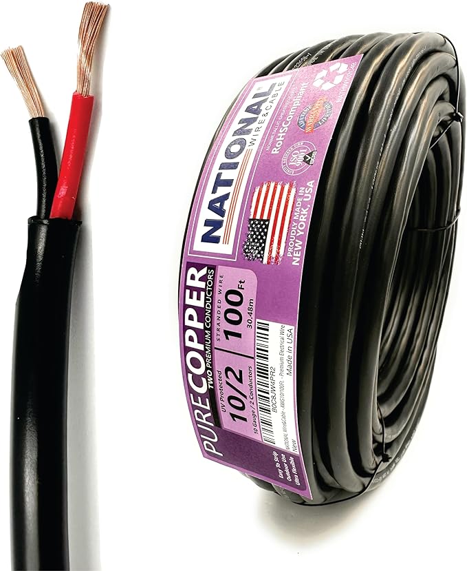 NATIONAL Wire & Cable – 10 AWG 2-Conductor Premium Copper Wire, 100 ft, Stranded | Made in USA, Heavy-Duty Flexible Jacket | Automotive, Solar, Battery, Indoor and Outdoor Use