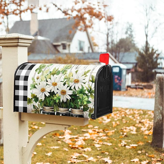 Buffalo Plaid Daisy Magnetic Mailbox Cover - Spring Summer Floral Farmhouse Welcome - Standard Size 25.5 x 21 Inch Waterproof Post Box Wraps for Garden Yard Decor Outdoor
