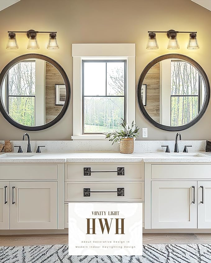 Bathroom Vanity Light Fixture, HWH 3-Light Farmhouse Vanity Lights Over Mirror Bathroom Lighting Fixtures with Clear Striped Glass Shade, Oil-Rubbed Bronze Finish, 5HZG97B-3W ORB