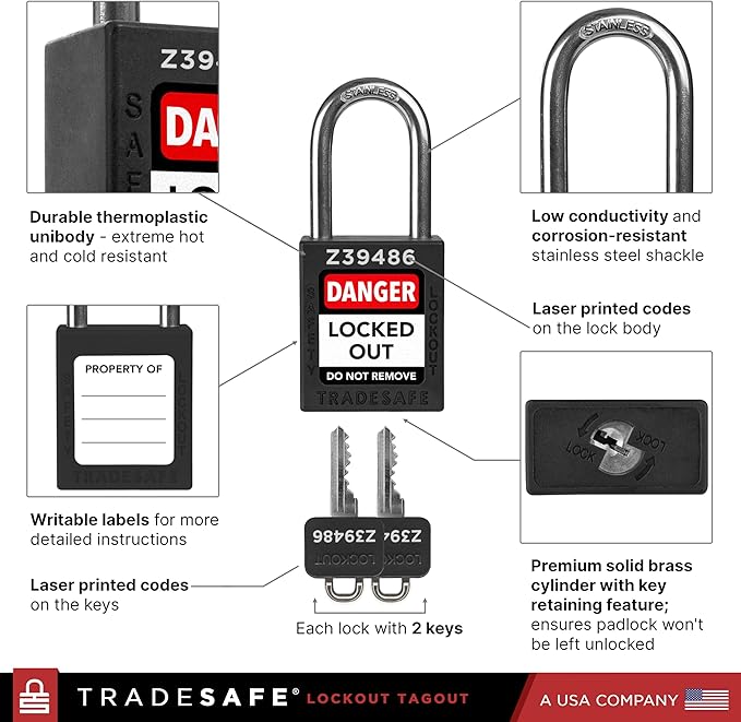 TRADESAFE Lockout Tagout Lock Sets, 10 Black Keyed Alike Safety Padlocks, 2 Keys Per Lock, OSHA Compliant Loto Locks, for Lockout Tag Out Stations - Premium Grade