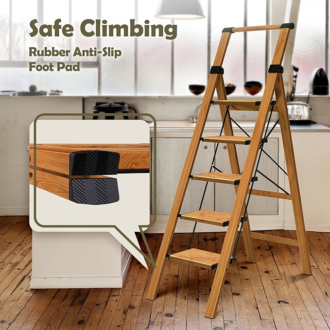 Taranta 5 Step Ladder, Portable Folding Ladder with Wide Pedal, Lightweight Aluminum Step Stool with Convenient Handgrip, 330 lbs Capacity Stepladder for Home, Office - Woodgrain