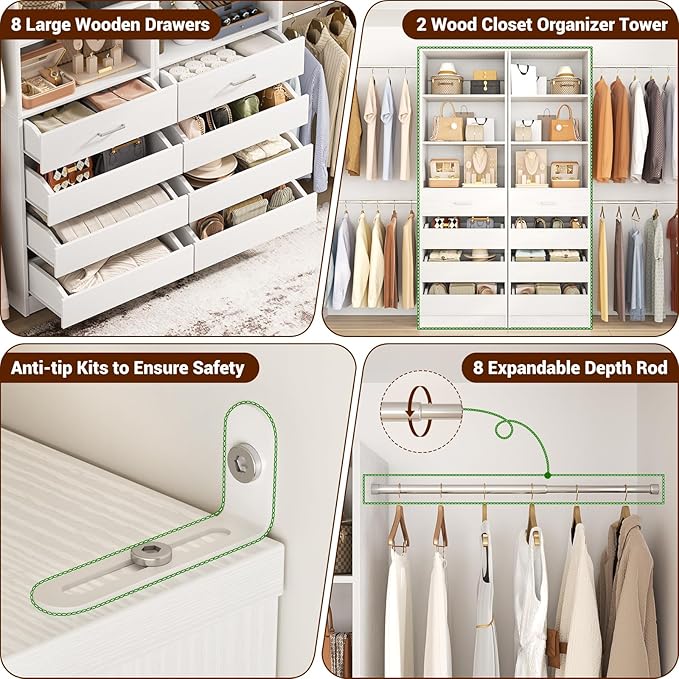 Aheaplus Closet System Set of 2, 4-9Ft Wood Closet Organizer with Drawers & Shelves, Closet Organizer System with 8 Hanging Rods, Walk-in Closets Organizer Wardrobe Closet Rack, White1
