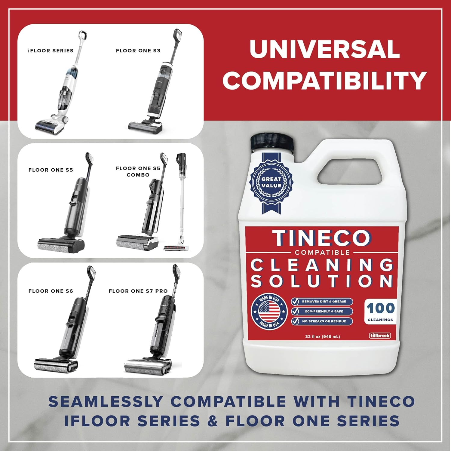 Floor Cleaner Compatible with Tineco - 100 CLEANINGS - 32oz Floor Cleaning Solution for Tineco - Universal Wood Floor Cleaner - Safe, All-Natural - For iFloor3, S7 Pro, S3, S5, S6 (No Steam Models)