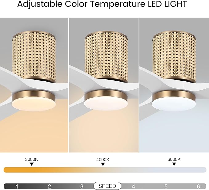 52" Ceiling Fan with Light - Low Profile Flush Mount Ceiling Fan, 6-Speed Remote Control, Solid Wood, Quiet Reversible DC Motor, White/Gold Finish, for Bedroom, Living Room, Porch