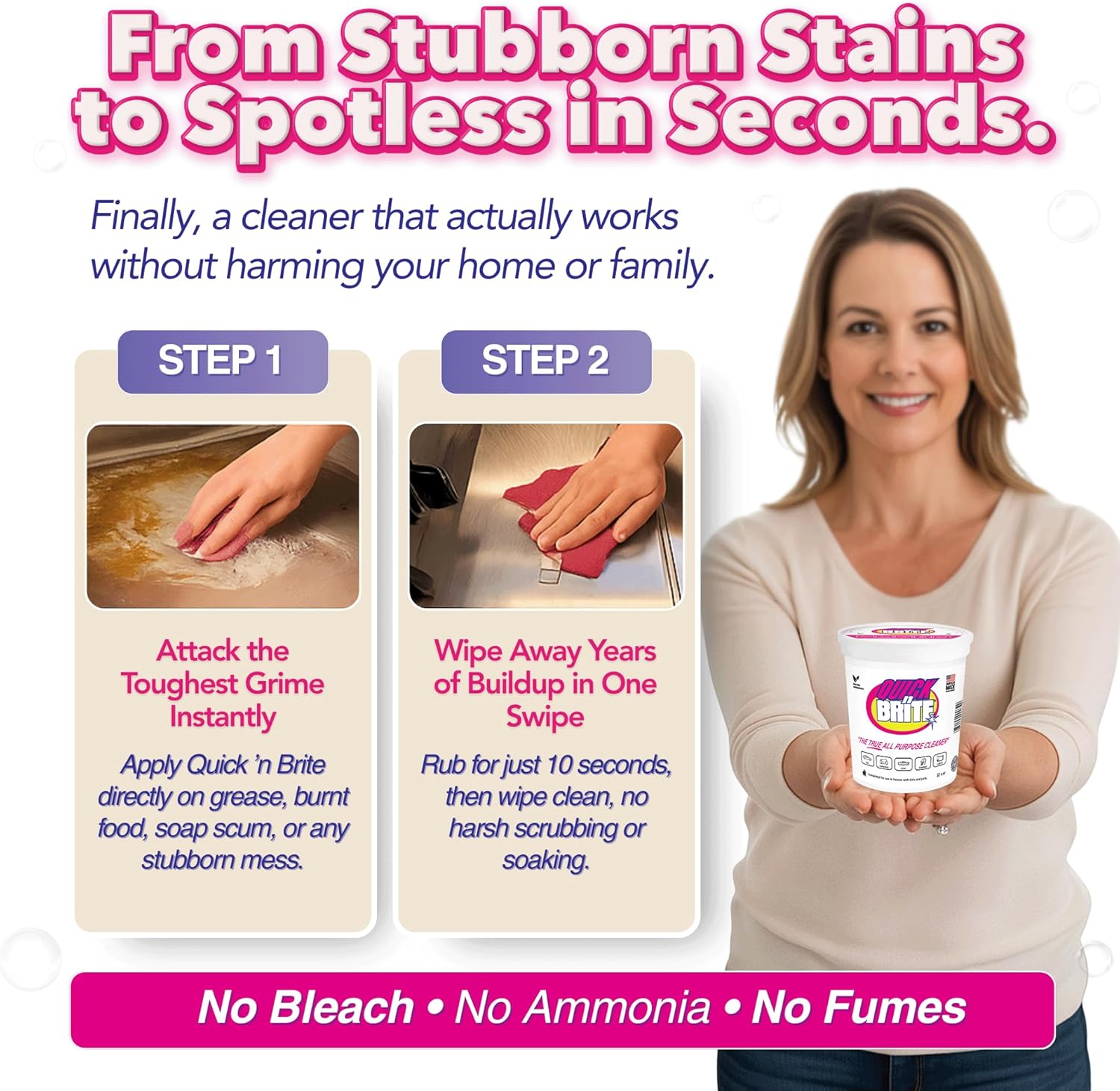 Quick 'n Brite All Purpose Cleaning Paste – Miracle Cleaner for Tough Stains, Biodegradable, Non-Toxic, Pet-Safe, Multi-Surface Stain Remover, Made in USA, 32 Oz Kit