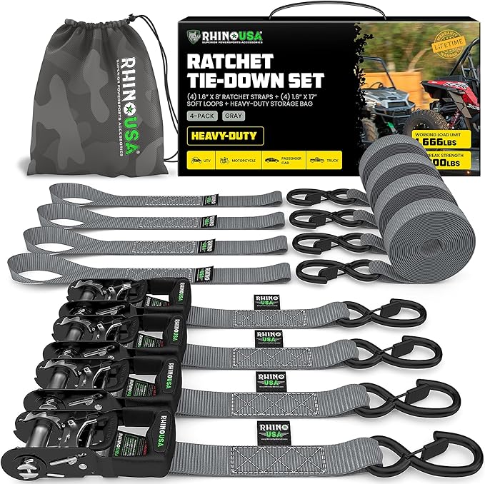Rhino USA Ratchet Straps Heavy Duty Kit (4-Pack) - 1.6 Inch x 8 Feet (5,208lb Break Strength) - Ultimate Tie Down Straps with Safety S Hooks for Trucks, ATV, UTV, Motorcycle, Cargo & More - Gray