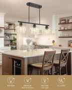 Emak Black Dining Room Light Fixture, Modern 32 Inch Linear Chandelier Lamp with Seeded Glass Shade, Farmhouse 3-Light Kitchen Island Lighting for Kitchen, Dining Room, Bar, IL122-BK-SG-3