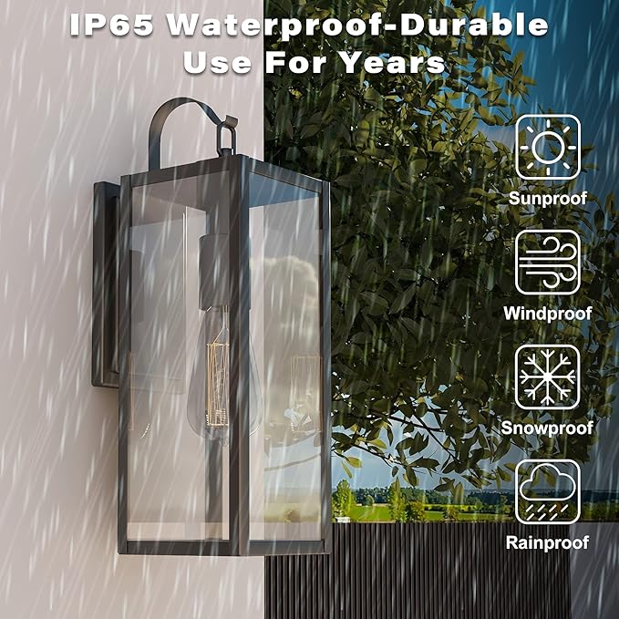 Pia Ricco Large Size Outdoor Wall Lights, 2 Pack 18 Inch Matte Black Exterior Light Fixture with Clear Glass Shade, Waterproof Front Porch Lighting, Modern Sconce Lantern for House, Garage, ETL Listed