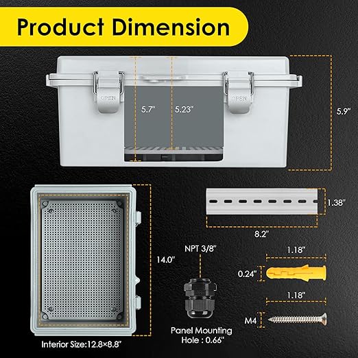 Waterproof Electrical Junction Box, IP67 Plastic Weatherproof Electrical Enclosure with Aluminum DIN Rail, Mounting Plate, Wall Brackets for DIY Project WiFi(13.8''×9.8''×5.9")